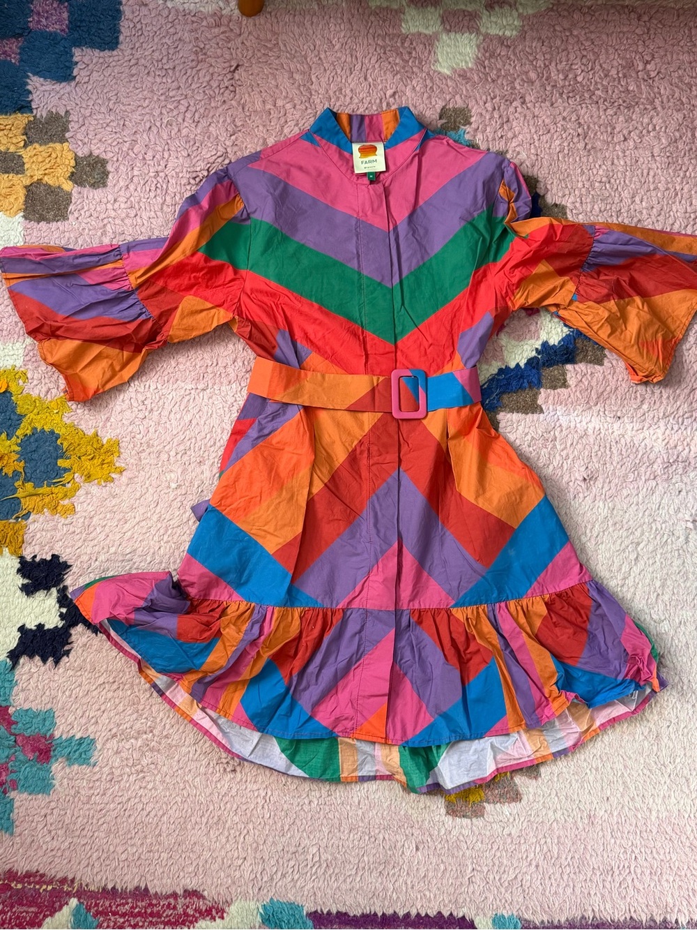 FARM Rio Chevron Belted Mini Dress in Pink, Purple, Green, Orange, Red, Blue